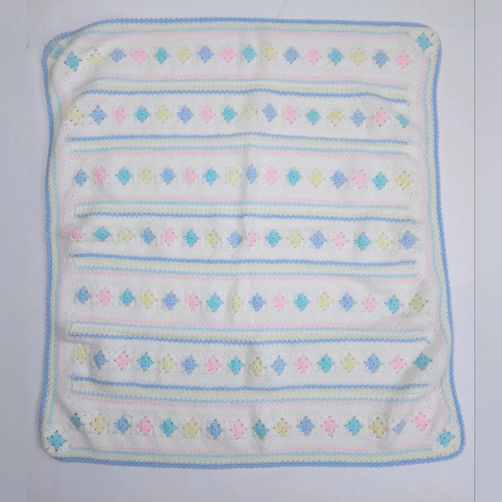 Handmade White And Pastel Pink Blue Yellow 30x33 Inch Crib Baby Blanket